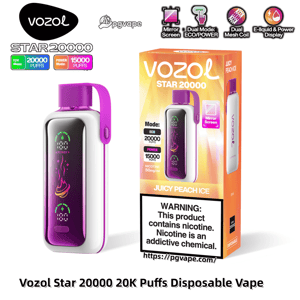 Vozol Star 20000 disposable vape and its packaging shown side-by-side: a purple-and-white device with a purple strap and mirror screen display, and an orange-yellow box labeled “Juicy Peach Ice” advertising 20,000 puffs, ECO/POWER modes, nicotine strength and a prominent nicotine warning.