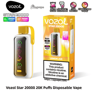 Vozol Star 20000 lemon-lime disposable vape device and box, showing a white-and-yellow pod with mirror screen and carrying loop beside a yellow retail package that lists ECO 20,000/POWER 15,000 puffs, feature icons and a prominent nicotine warning label.
