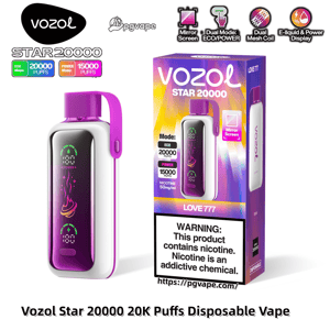 Product image of a purple-and-white Vozol Star 20000 disposable vape next to its colorful 'LOVE 777' box, featuring icons for ECO 20000 puffs and POWER 15000 puffs, a mirrored screen on the device, and a nicotine warning label.
