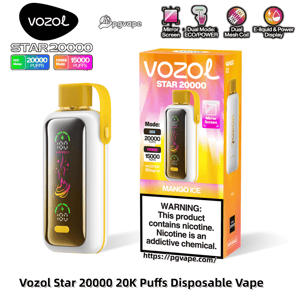 Vozol Star 20000 disposable vape in white and yellow displayed beside its colorful Mango Ice box labeled 20,000 puffs with a mirror-screen graphic, ECO/POWER mode icons and a large nicotine warning.