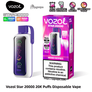 Purple-and-white Vozol Star 20000 disposable vape and its packaging, featuring a mirror-screen display, 'Mixed Berries' flavor, ECO mode 20,000 puffs / POWER mode 15,000 puffs, 50 mg/ml nicotine callout, and a prominent nicotine warning.