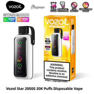 White Vozol Star 20000 disposable vape device with a black mirror front screen shown beside its orange-yellow retail box labeled “Orange Pineapple Lychee,” highlighting ECO 20,000 / POWER 15,000 puffs, a nicotine warning panel, and icons for mirror screen, dual mode, mesh coil and e-liquid/power display.
