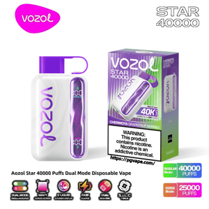 White and purple VOZOL Star 40000 dual-mode disposable vape device with a vertical digital display and matching retail box labeled Cherimoya Grapefruit Berries and nicotine warning, shown with icons indicating 40,000 regular puffs and 25,000 surge puffs.