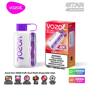 White rectangular Vozol Star 40000 dual‑mode disposable vape with a purple strap and vertical purple LED display standing next to its red‑gradient Cherry Cola retail box showing the VOZOL logo, puff counts (Regular 40,000, Surge 25,000) and a prominent nicotine warning.