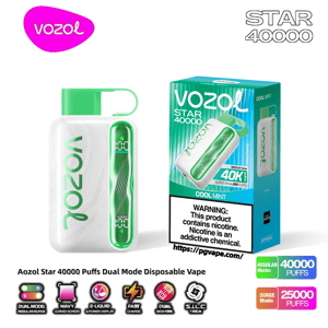 White and mint-green Vozol Star 40000 dual‑mode disposable vape beside its teal Cool Mint box, showing the device's vertical digital display, '40,000 puffs' branding and a prominent nicotine warning label.