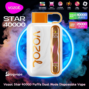 Vit rektangulär Vozol Star 40000 engångsvape med guld-accent vertikal display och orange munstycke centrerat på en blå och lila rökig bakgrund, omgiven av etiketter som visar Star 40000, 40 000 puffar (vanligt läge), 25 000 puffar (surge mode) och ikoner och snabbladdningsläge
