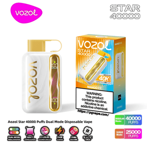White disposable Vozol Star 40000 vape with gold accents, a yellow carry loop and a vertical gold LED display standing next to its Mango Ice-branded box showing '40K' puffs, a nicotine warning label, and colorful product icons.