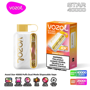 White-and-gold Vozol Star 40000 dual-mode disposable vape shown beside its orange Mango Peach box, featuring a digital puff counter, branding and a nicotine warning stating 40,000 regular or 25,000 surge puffs.