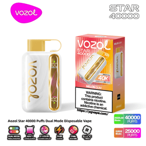 White-and-gold Vozol Star 40000 dual-mode disposable vape shown next to its Melon Gum branded box featuring the VOZOL logo and STAR 40000 text, a prominent nicotine warning label, and icons noting 40,000 regular puffs and 25,000 surge puffs.