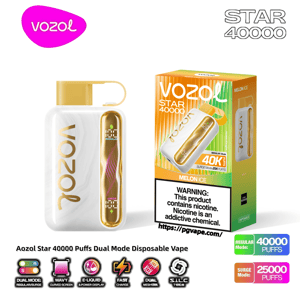 White and gold Vozol Star 40000 disposable vape with a gold vertical display and carry loop beside its Melon Ice packaging, showing product name, nicotine warning label and icons indicating dual-mode 40,000 and 25,000 puff options.