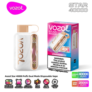 White and rose-gold Vozol Star 40,000 disposable vape device with a loop handle and vertical digital display shown beside a pink-and-blue Strawberry Ice box labeled 40K puffs and a nicotine warning, with small icons advertising dual modes and puff counts.