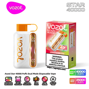 Product shot of a white-and-orange Vozol Star 40000 disposable vape with an orange cap and gold side display next to its pink-and-green Strawberry Kiwi box, showing brand logos, mode icons for 40K/25K puffs and a visible nicotine warning on the packaging.