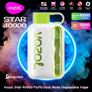 Bright advertisement showing a white-and-green Vozol Star 40000 dual-mode disposable vape device with a vertical green display and 'vozol' logo, labeled Regular 40,000 puffs and Surge 25,000 puffs against a neon blue circular backdrop with swirling pink and blue smoke and small feature icons across the top.