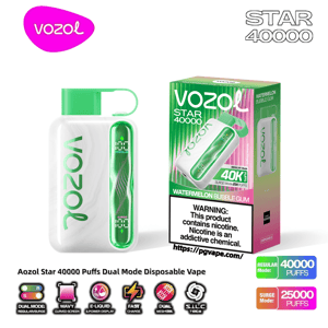 White and green Vozol Star 40000 disposable vape and its matching Watermelon Bubble Gum box, featuring a green digital display on the device, labels indicating 40,000 regular puffs and 25,000 surge puffs, a nicotine warning on the box, and a row of small icons showing features like dual-mode, e-liquid display, and fast charge.
