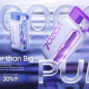 Promotional graphic showing two glossy purple-and-blue vape devices in front of large metallic 
