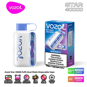 White Vozol Star 40000 dual-mode disposable vape with a blue loop cap and vertical blue‑purple LED display shown beside its matching Blue Razz Ice box, featuring branding, 40,000/25,000 puffs badges and a nicotine warning label.