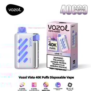 Kompakt vit och blå Vozol Vista engångsvape med ett blått munstycke, diagonala blå ventiler och en genomskinlig silver e-vätskekammare som visas bredvid rosa-randiga förpackningar märkta 'Vozol Vista 40000' och '40K puffar' med en synlig nikotinvarning, på en vit bakgrund.