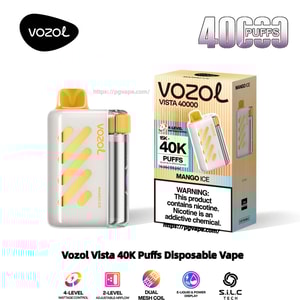 Vit rektangulär Vozol Vista engångsvape med ett gult munstycke, diagonala gula accenter och en genomskinlig e-vätskecylinder på sidan bredvid dess Mango Ice-förpackning märkt