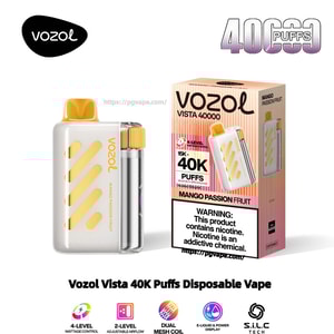 Vit och gul Vozol Vista 40000 engångsvape med ett gult munstycke och genomskinlig silver e-vätskekammare bredvid en rosa-orange låda märkt