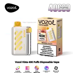 Vit-gul Vozol Vista 40000 engångsvape med ett gult munstycke och ett genomskinligt e-vätskerör som visas bredvid dess Mango Peach-randiga låda märkt 40K-puffar, en nikotinvarning och små funktionsikoner längst ned.