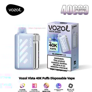 Ljusblå Vozol Vista engångsvape-enhet med en genomskinlig krom-accent patron bredvid sin matchande förpackning märkt VOZOL VISTA 40000 och 40K PUFFS — Blueberry Ice, med en synlig nikotinvarning och varumärkeslogotyp.