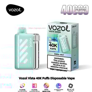 Mintgrön Vozol Vista engångsvape-enhet med en genomskinlig patrondel som visas bredvid dess matchande butikslåda märkt 'Vozol Vista 40000' och '40K puffs – Cool Mint', med varumärkeslogotyp och en framträdande nikotinvarning på förpackningen.
