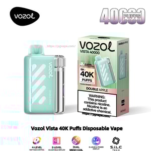Mintgrön Vozol Vista engångsvape-enhet med en genomskinlig cylindrisk patron bredvid sin matchande låda märkt Vozol Vista 40000, 40K Puffs, Double Apple och en synlig nikotinvarning.