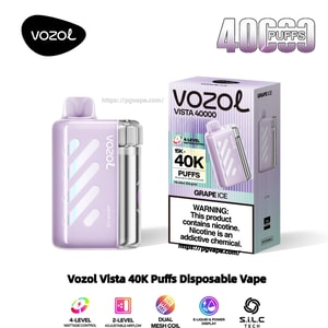 Ljuslila Vozol Vista engångsvape-enhet med en genomskinlig metallpatron som visas bredvid den matchande lila lådan märkt 'Vozol Vista 40000', '40K puffs' och 'Grape Ice', med nikotinvarningen synlig.