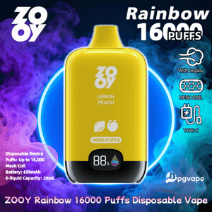 Bright yellow ZOOY disposable vape labeled Lemon Peach and 16,000 puffs centered against a purple and blue smoky background, with prominent 'Rainbow 16000 PUFFS' text, icons for display, mesh coil and Type‑C charging, and a small digital battery display reading 88%.