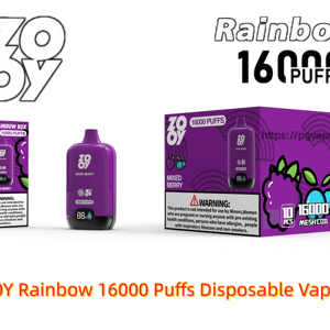 Purple ZOOY Rainbow disposable vape device and matching boxes labeled 16000 PUFFS and Mixed Berry, with berry illustrations, product logo and a visible warning label.