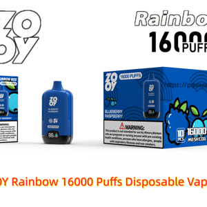 Blue ZOOY Rainbow disposable vape device displayed alongside a retail box and a bulk box, labeled 