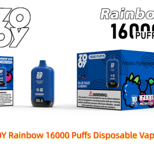 Blue ZOOY Rainbow disposable vape device and matching retail box prominently labeled “16000 PUFFS” and “Blue Razz Cherry,” shown with brand logos, berry flavor graphics and a visible warning label.
