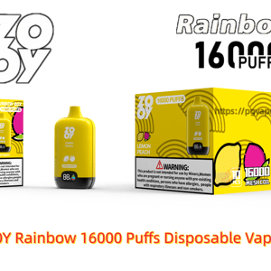 Yellow ZOOY Rainbow disposable vape device with a small digital display, shown alongside matching retail and display boxes branded 16000 PUFFS Lemon Peach with prominent logo and warning label.