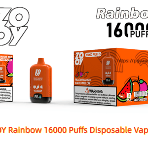 Bright orange product display showing a ZOOY Rainbow 16000 Puffs disposable vape device alongside matching small and large boxes labeled Peach Mango Watermelon, with the ZOOY logo, 'Rainbow 16000 PUFFS' text, fruit illustrations, flavor icons and a visible warning label.