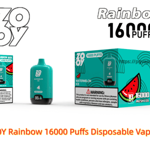 Teal ZOOY Rainbow disposable vape labeled “Watermelon Ice” and “16000 PUFFS” shown center with its small retail box at left and a larger 10‑pack display box at right featuring watermelon graphics, brand logos and a health warning panel.