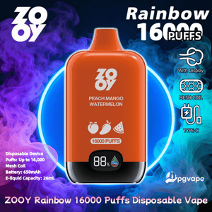 Orange ZOOY Rainbow engångsvape-enhet centrerad mot lila och blå rök, märkt “Peach Mango Watermelon” med fruktikoner, “16000 PUFFS”-text och en liten display med 88%, omgiven av produktspecifikationer och märkeslogotyper.