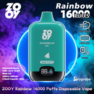 Teal ZOOY engångsvape-enhet märkt "Watermelon Ice" centrerad mot lila och blå rök, som visar "16000 PUFFS" och en 88% batteridisplay, med omgivande text och ikoner som annonserar Rainbow 16000-puffar, mesh-spole, Type-C-laddning och 650mL-batterikapacitet och 650mL-batterikapacitet och 650mL-batterikapacitet.