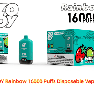 Turquoise ZOOY Rainbow disposable vape device and two matching product boxes labeled 16000 puffs and Strawberry Kiwi flavor, shown with brand logos and prominent 'Rainbow 16000 PUFFS' text.