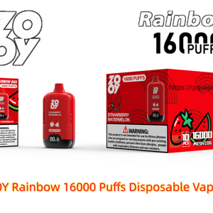 Red ZOOY Rainbow disposable vape device displayed with two matching red boxes labeled 16000 PUFFS and Strawberry Watermelon, featuring a strawberry illustration, brand logos and a visible warning label.