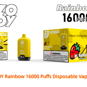 Yellow ZOOY Rainbow 16000 Puffs disposable vape device displayed with matching bright yellow retail boxes showing strawberry and banana illustrations, bold product and brand logos, and a visible health warning label.