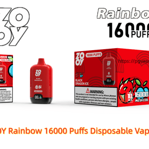 Red ZOOY Rainbow disposable vape device and matching packaging displayed with bold 'Rainbow 16000 PUFFS' branding, flavor labeled Black Dragon Ice, product logos, mesh coil and puff-count graphics, and a visible health warning label.