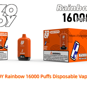 Orange ZOOY Rainbow disposable vape device and two matching orange retail boxes prominently labeled 16000 PUFFS, showing the ZOOY logo, a digital puff counter on the device, stylized rainbow graphics and a visible health warning on the packaging.