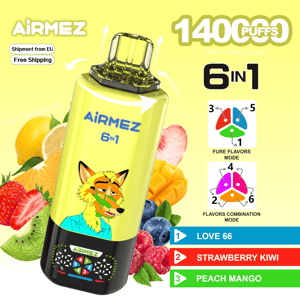 AiRMEZ 6-in-1 disposable vape in a yellow bottle with fruity flavors and 1400 puffs, showing Love 66, Strawberry Kiwi, and Peach Mango.