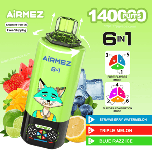 Bright green Airmez 6in1 vape with a cartoon fox, 1400 puffs; flavors Strawberry Watermelon, Triple Melon, Blue Razz Ice.