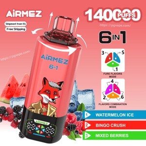 Pink AiRMEZ 6in1 vape with fox logo, 1400 puffs; flavors Watermelon Ice, Bingo Crush, Mixed Berries.