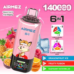 Pink Airmez 6-in-1 vape device with a cartoon fox decal, promoting 1400 puffs and fruit flavors.