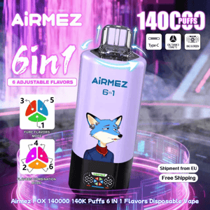Purple Airmez 6 in 1 disposable vape with a blue fox illustration, 6 adjustable flavors, 1400 puffs, Type-C charging and a big screen.