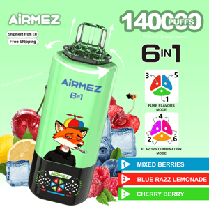Green AiRMEZ 6-in-1 disposable vape with 1400 puffs; flavors include Mixed Berries, Blue Razz Lemonade, and Cherry Berry.