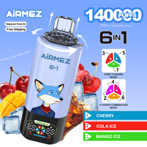 Airmez 6-in-1 disposable vape with a blue fox illustration, 1400 puffs, flavors Cherry, Cola Ice and Mango Ice.