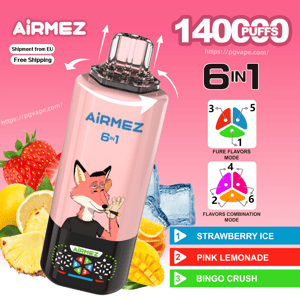 Pink Airmez 6 in 1 disposable vape with a fox, showing 1400 puffs and flavors Strawberry Ice, Pink Lemonade, Bingo Crush.
